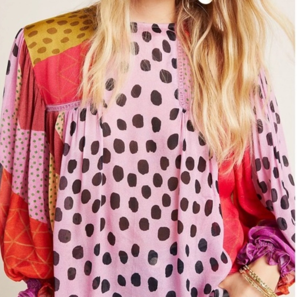BOGO Anthropologie Pink Patchwork Polka Dot Peasant Blouse - Picture 4 of 12